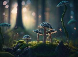 Fantasy mushroom landscape in the forest created with technology photo