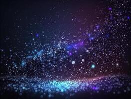 Dark blue and glow particle abstract background Blurry bokeh background with sparkles, particles and glitter created with technology photo