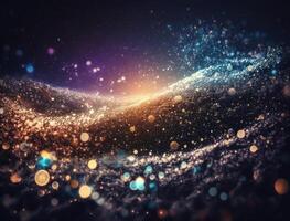 Dark blue and glow particle abstract background Blurry bokeh background with sparkles, particles and glitter created with technology photo