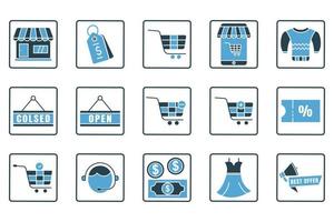 compras conjunto icono ilustración. sólido icono estilo. almacenar, etiqueta, orden, compras carro, mejor oferta, dinero, y otros. sencillo vector diseño editable