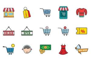 Shopping set icon illustration. Flat line icon style, lineal color. Store, tag, order, Shopping cart, best offer, money,  and others. Simple vector design editable