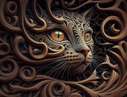 Colorful Close-up portrait of wolf with oriental ornament woodcarving elements background technology photo
