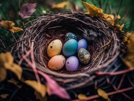 Happy Easter background concept with easter eggs in nest and spring flowers created with technology photo