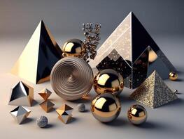 Abstract chaotic geometric background Glossy pyramids and spheres background created with technology photo