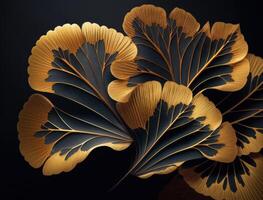 Ginkgo biloba golden leaves Dark background created with technology photo