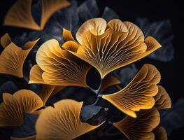 Ginkgo biloba golden leaves Dark background created with technology photo