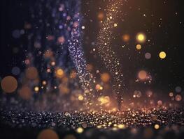 Dark blue and glow particle abstract background Blurry bokeh background with sparkles, particles and glitter created with technology photo