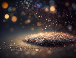 Dark blue and glow particle abstract background Blurry bokeh background with sparkles, particles and glitter created with technology photo