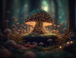 Fantasy mushroom landscape in the forest created with technology photo