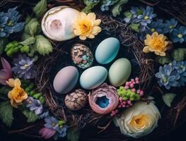 Happy Easter background concept with easter eggs in nest and spring flowers created with technology photo