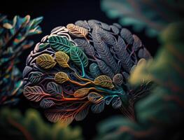 Colorful brain made by leaves background created with technology photo