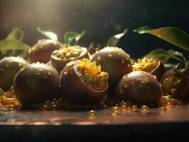 hermosa orgánico antecedentes de recién escogido pasión Fruta creado con generativo ai tecnología foto