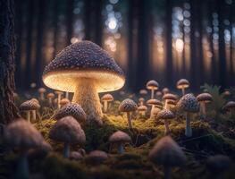 Fantasy mushroom landscape in the forest created with technology photo