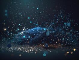 Dark blue and glow particle abstract background Blurry bokeh background with sparkles, particles and glitter created with technology photo