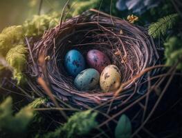 Happy Easter background concept with easter eggs in nest and spring flowers created with technology photo