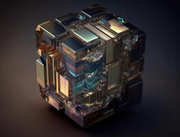 Colorful shiny rainbow Bismuth Gemstone cubes dark background created with technology photo