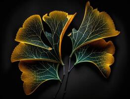 Ginkgo biloba golden leaves Dark background created with technology photo