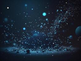 Dark blue and glow particle abstract background Blurry bokeh background with sparkles, particles and glitter created with technology photo