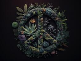 Peace symbol made by floral elements created with technology photo