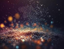 Dark blue and glow particle abstract background Blurry bokeh background with sparkles, particles and glitter created with technology photo