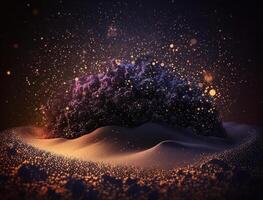 Dark blue and glow particle abstract background Blurry bokeh background with sparkles, particles and glitter created with technology photo