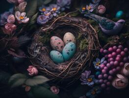 Happy Easter background concept with easter eggs in nest and spring flowers created with technology photo