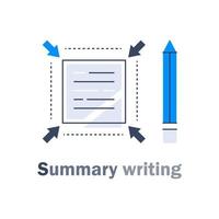 Summary writing concept,article compilation, short and fast reading, copywriting servicesbrief information, text edit, content review vector