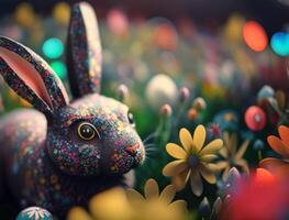 Happy Easter background concept Bunny with easter eggs on meadow with flowers created with technology photo