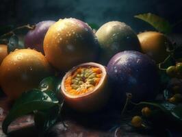 Beautiful organic background of freshly picked passion fruit created with technology photo