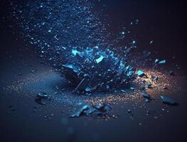 Dark blue and glow particle abstract background Blurry bokeh background with sparkles, particles and glitter created with technology photo