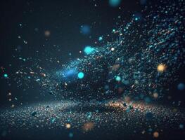 Dark blue and glow particle abstract background Blurry bokeh background with sparkles, particles and glitter created with technology photo