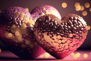 Bright festive background with inflatable hearts, sequins and bokeh Light Effect. Card background for Valentine's Day, Happy Birthday and so on. photo