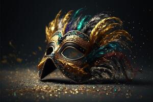 Realistic festive background with ornate masquerade carnival mask, feathers, sequins and confetti. photo