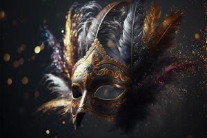 Realistic festive background with ornate masquerade carnival mask, feathers, sequins and confetti. photo