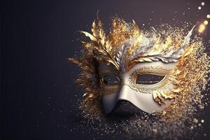 Realistic luxury carnival mask with feathers, gold dust, and light effects. . photo