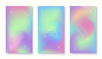 Set of Holographic vertical cover templates design for social media posts and stories banners. Blurry gradient abstract backgrounds with stars and ovals. vector