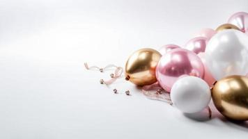 Pink gold and white balloon on white background with copy space. photo