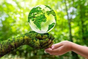 Concept Save the world save environment The world is in the grass of the green bokeh background photo