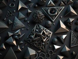 Abstract black geometric background Various pyramides shapes Flat lay created with technology photo