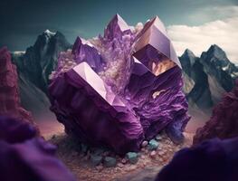 Beautiful purple amethyst mountains fantasy background natural gemstone technology photo