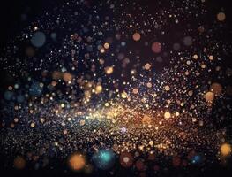 Dark blue and glow particle abstract background Blurry bokeh background with sparkles, particles and glitter created with technology photo