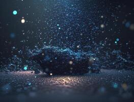 Dark blue and glow particle abstract background Blurry bokeh background with sparkles, particles and glitter created with technology photo