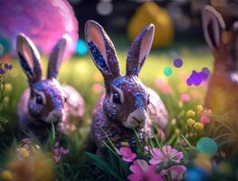 Happy Easter background concept Bunny with easter eggs on meadow with flowers created with technology photo