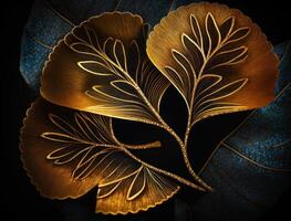 Ginkgo biloba golden leaves Dark background created with technology photo