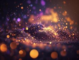 Dark blue and glow particle abstract background Blurry bokeh background with sparkles, particles and glitter created with technology photo