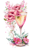Watercolor pink wine glass with roses, card design for Valentine's day, champagne glass with flowers, . png