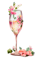 vattenfärg rosa vin glas med rosor, kort design för hjärtans dag, champagne glas med blommor, generativ ai. png