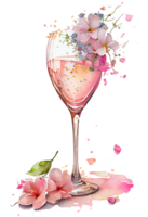 aguarela Rosa vinho vidro com rosas, cartão Projeto para dia dos namorados dia, champanhe vidro com flores, generativo ai. png