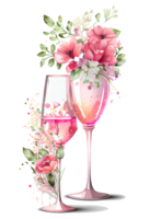 vattenfärg rosa vin glas med rosor, kort design för hjärtans dag, champagne glas med blommor, generativ ai. png