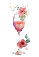 Watercolor pink wine glass with roses, card design for Valentine's day, champagne glass with flowers, . png